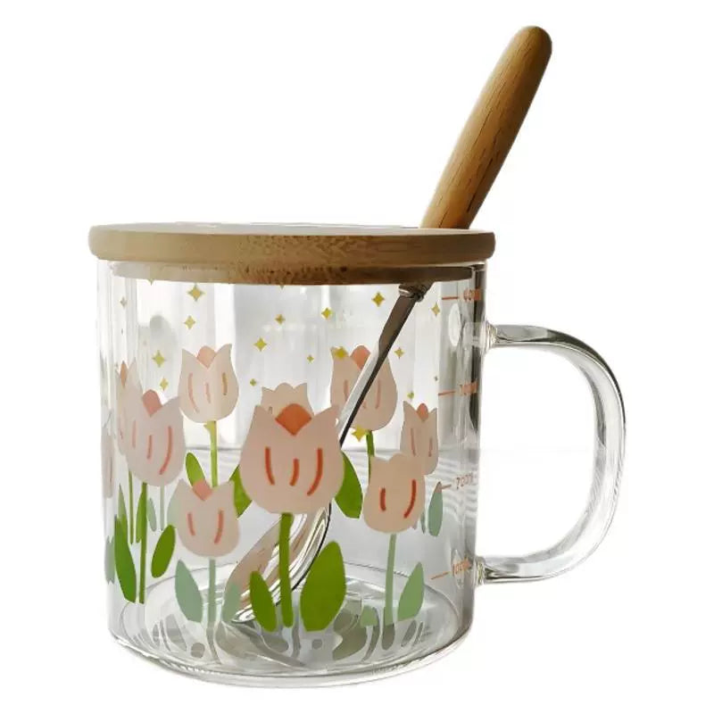 Fresh Floral Glass Mug with Lid & Spoon