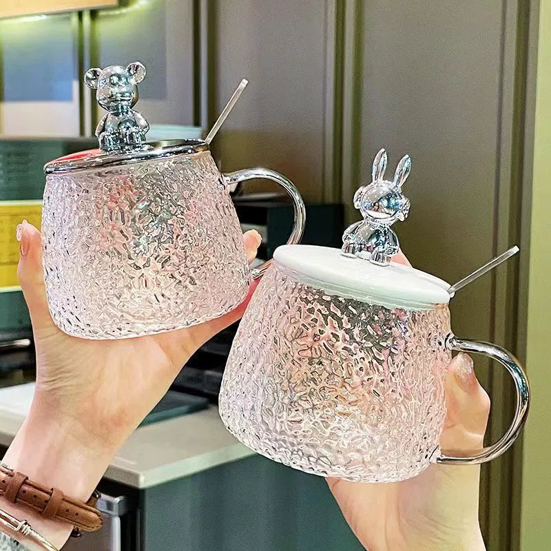 Cute Bear Hammered Glass Mug  Turn your everyday drinks into a cozy café-style moment.